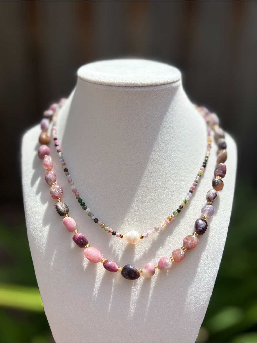 Multi-Tone Pink Tourmaline and Gold Bead Layered Necklace
